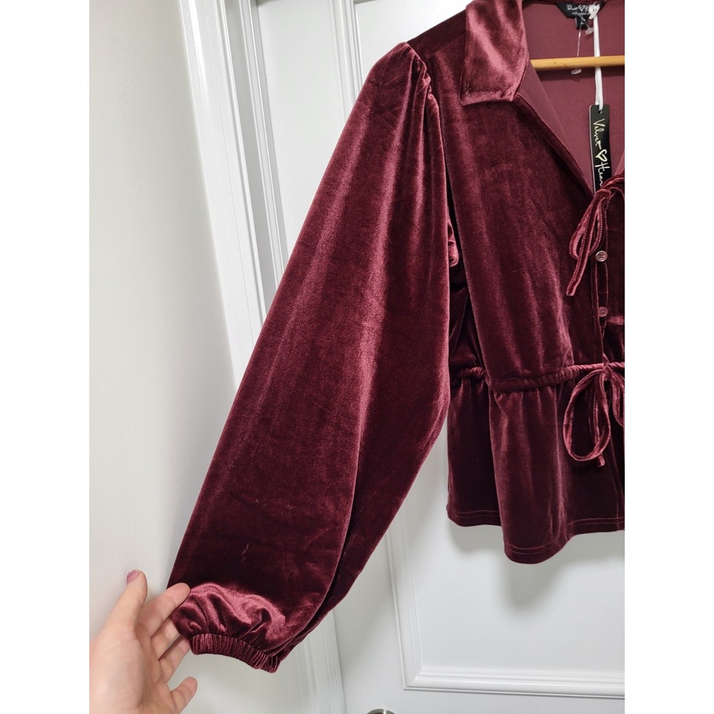 New Burgundy Velvet Whimsigoth Fairygrunge Button Tie Bow Peplum Top Sz L - Picture 4 of 8